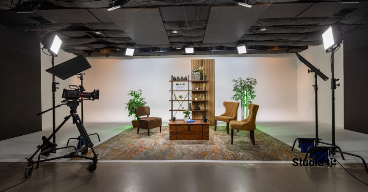 Professional studio rental Dhaka with blue backdrop, lighting, and content shoot setup