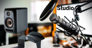 Podcast production Dhaka desk with mixer, laptop, headphones, and recording microphones
