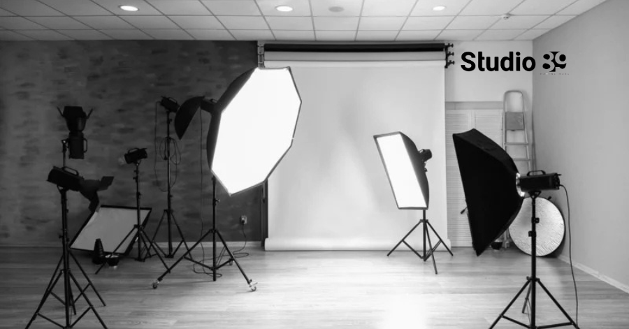 Product videography Bangladesh studio setup with lights, white backdrop, and model shoot