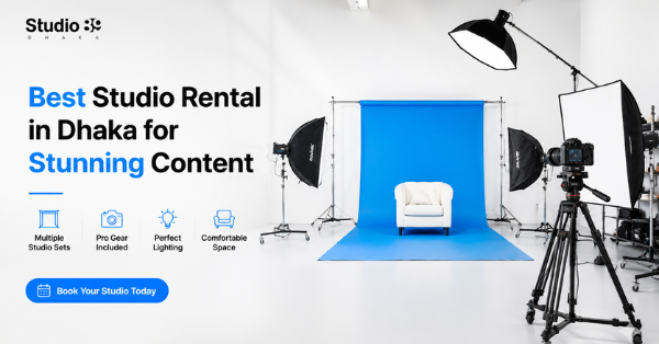 Studio Rental in Dhaka with camera, lights, and modern set for content production