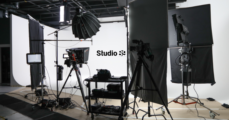 Professional studio rental Dhaka featuring camera, softboxes, and full video production setup