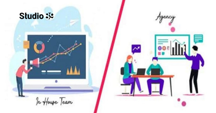 content house vs digital agency graphic showing in-house marketing versus digital marketing agency setup