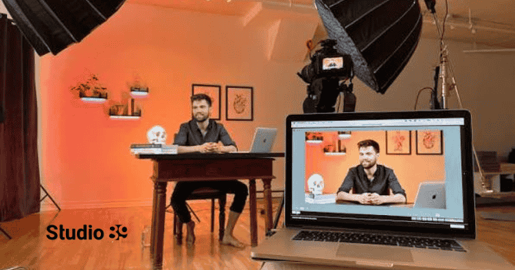 online video commercial cost Bangladesh visual showing product video shoot with camera, mic, and studio setup