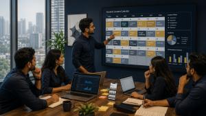Bangladeshi marketing team planning a monthly calendar