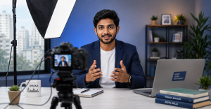 Job seeker recording a video resume in studio