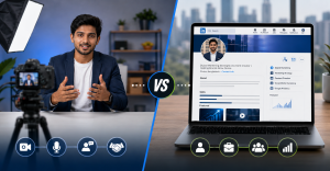 Split design showing video resume and LinkedIn profile