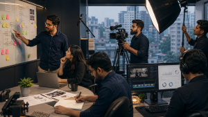 Strategy, production, and distribution team inside a modern studio