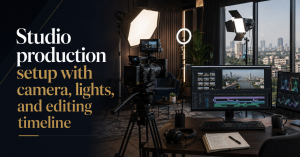 Studio production setup with camera, lights, and editing timeline