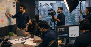 Strategy, production, and distribution team inside a modern studio